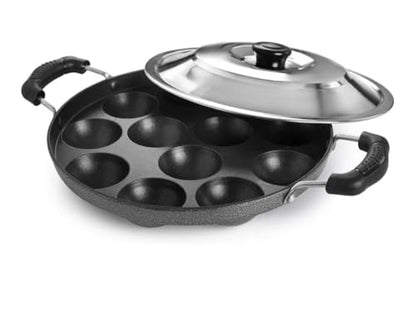 Image 1 of Default Title for the product Generic Traditional Non-Stick Appam Patra Pan, 12 Cavity Cast Iron Paniyaram Maker with Stainless Steel Lid, Black, Heavy Duty Handles