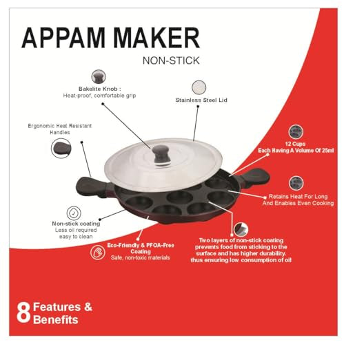 Image 7 of SWIFT Non Stick 12 Cavity Aluminium Appam Patra Ponganal Guntapongadalu Paniyaram Litti Maker with Lid 23 cm Black