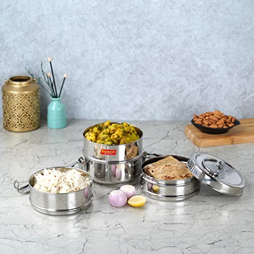 Image 4 of Sumeet Stainless Steel 4 Compartment Lunch Box/Tiffin with Lid and Handle, 11.5Cm Dia, (2000ML, Silver)