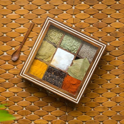 Image 1 of Default Title for the product ExclusiveLane Sheesham Wooden Spice Box for Kitchen with Spoon (9 Non-Detachable Compartments, Each Compartments : 80 gram)
