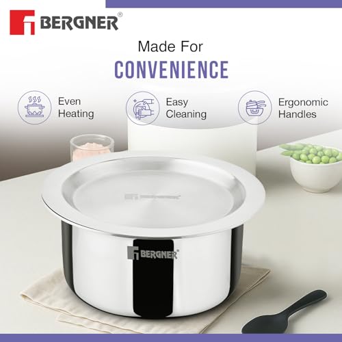 Image 6 of BERGNER Tripro Triply Stainless Steel Cook Serve N Keep 5 Pcs Cookware Set - 24cm (3L) Kadai with Lid, 22cm (1.5L) Frypan, 16cm (2L) Tope with Lid