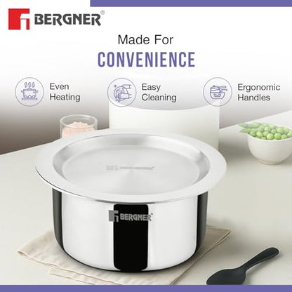 Image 6 of BERGNER Tripro Triply Stainless Steel Cook Serve N Keep 5 Pcs Cookware Set - 24cm (3L) Kadai with Lid, 22cm (1.5L) Frypan, 16cm (2L) Tope with Lid