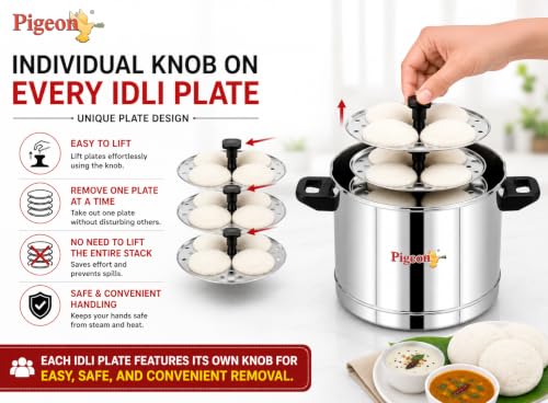 Image 7 of Pigeon Classic Stainless Steel Idli Cooker with Whistle Indicator | Idly Cooker Pot | Steel Idli Maker with Silver Lid - 6 Plates (for 24 Idlies)