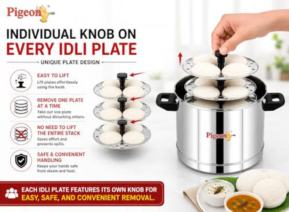 Image 7 of Pigeon Classic Stainless Steel Idli Cooker with Whistle Indicator | Idly Cooker Pot | Steel Idli Maker with Silver Lid - 6 Plates (for 24 Idlies)