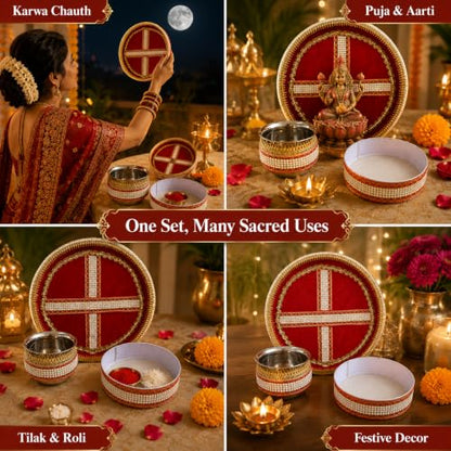 Image 4 of Pure Source India Handmade White Bead Embellished Karwa Chauth Pooja Thali Set, Steel Channi (Sieve), Karwa Lota