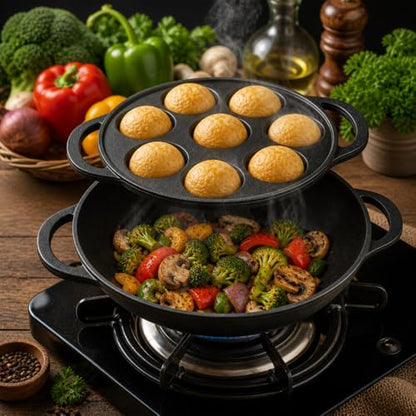 Image 2 of COOKBEAT Cast Iron Paniyaram Pan with Lid & Kadai Combo