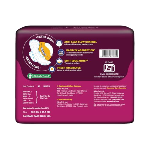Image 4 of Niine Naturally Soft XXL Sanitary Pads for Women | 40 Pads | 305MM | Cottony Soft Top Cover | Extra Coverage with Wider Back, Quick Absorption for Heavy Flow