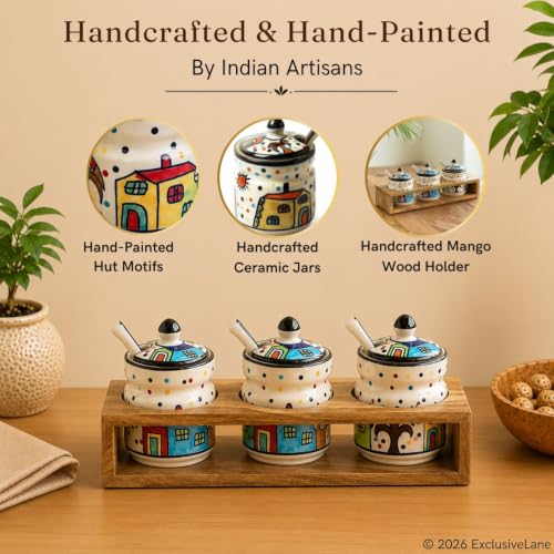 Image 3 of ExclusiveLane Hut Handpainted Ceramic Pickle Jars with Spoon & Wooden Holder Set of 3 280 ML