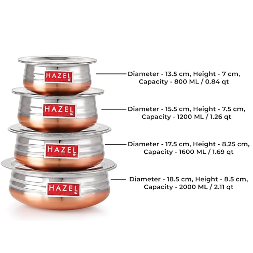 Image 4 of HAZEL Copper Bottom Uruli with Lid Stainless Steel Biryani Cooking and Serving Pot Set of 4