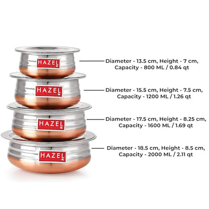 Image 4 of HAZEL Copper Bottom Uruli with Lid Stainless Steel Biryani Cooking and Serving Pot Set of 4