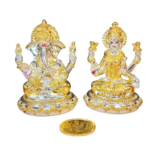 Image 3 of Gold Art India Kamal Laxmi Ganesh Gold & Silver Plated Two Tone Idol for Home With Gold Plated Coin - Diwali Pooja Murti (3.6" Inch)