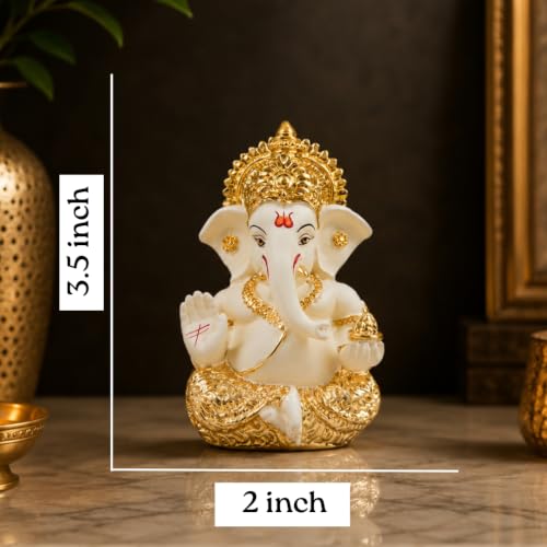 Image 5 of Gold Art India Ganesha Idol for Car Dashboard & Kamdhenu Idol for Vastu Decor (Gold Off White (Cream), Oval)