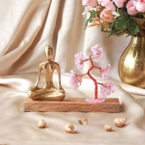 Image 6 of RITUALISTIC Rose Quartz Crystal Tree Gold Meditating Figurine on Wooden Base 22×14.5 cm