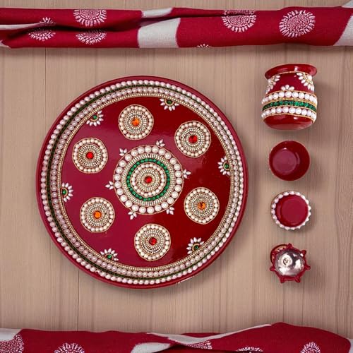Image 5 of Royal Indian Art Kundan Decor Stainless Steel Pooja Thali Set, 12 Inches