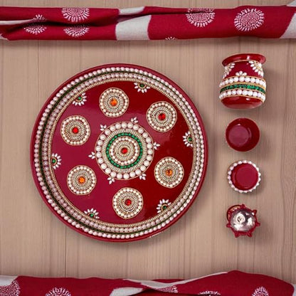Image 5 of Royal Indian Art Kundan Decor Stainless Steel Pooja Thali Set, 12 Inches