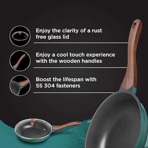 Image 2 of Preethi Artistic Collection Die Cast Non Stick Fry Pan, 24 cm,with Glass Lid, 5 Star Non Stick Effect, Cook & Serve, Ocean Green