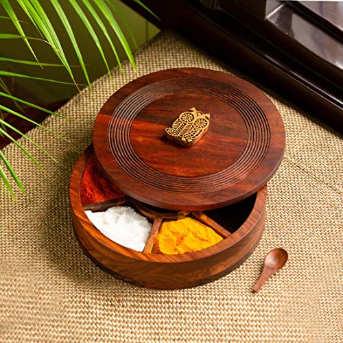 Image 2 of 7 Fixed Compartment (Mystic Owl Block) for the product ExclusiveLane Sheesham Wooden Spice Box for Kitchen