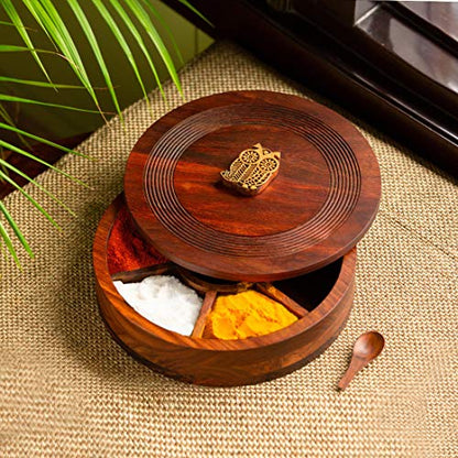 Image 2 of 7 Fixed Compartment (Mystic Owl Block) for the product ExclusiveLane Sheesham Wooden Spice Box for Kitchen