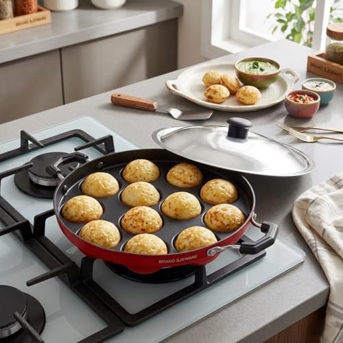 Image 6 of SJE WARE Non-Stick Aluminium Appam Patra 12 Cavity with Lighter, Red