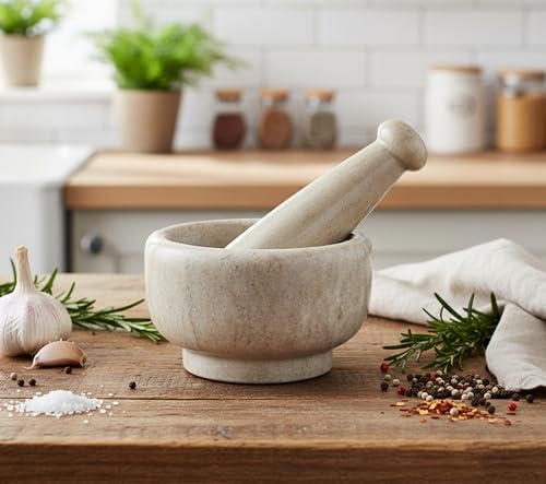 Image 3 of KLEO 5" Diameter White Marble Stone Mortar and Pestle Set