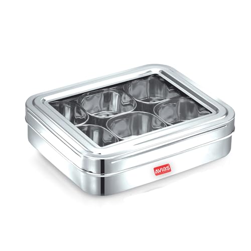 Image 1 of Default Title for the product AVIAS 6-in-1 Stainless Steel Masala/Spice Box, See-Through Lid, Plain