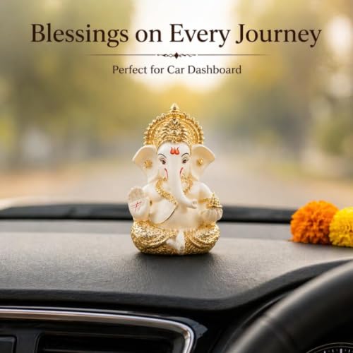 Image 4 of Gold Art India Ganesha Idol for Car Dashboard & Kamdhenu Idol for Vastu Decor (Gold Off White (Cream), Oval)