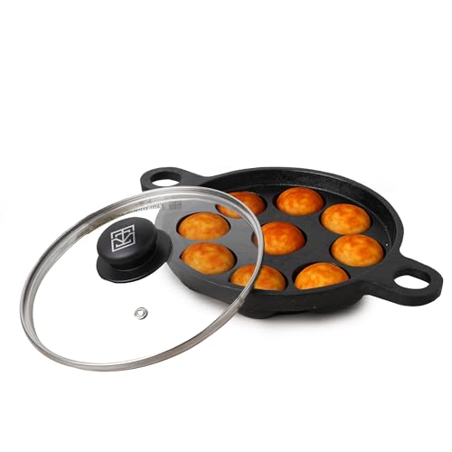 Image 1 of Round Paniyaram Pan / 9 Pit / 8.2 Inch + Glass Lid for the product The Indus Valley Cast Iron Paniyaram Pan
