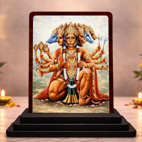 Image 1 of Default Title for the product Panchmukhi Hanuman Traditional Pooja Wooden Idol 4x5 Inch HD Printed Table Decor for Home Temple