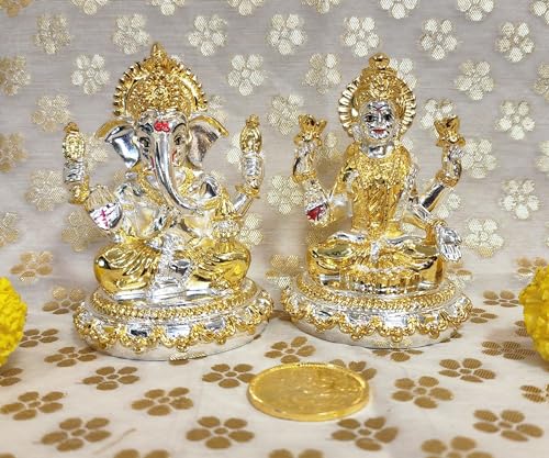 Image 5 of Gold Art India Kamal Laxmi Ganesh Gold & Silver Plated Two Tone Idol for Home With Gold Plated Coin - Diwali Pooja Murti (3.6" Inch)
