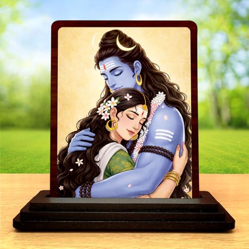 Image 2 of Sacred Portrait Shiv Parvati Wooden Table Idol 4x5 Inch HD Printed Decorative Piece