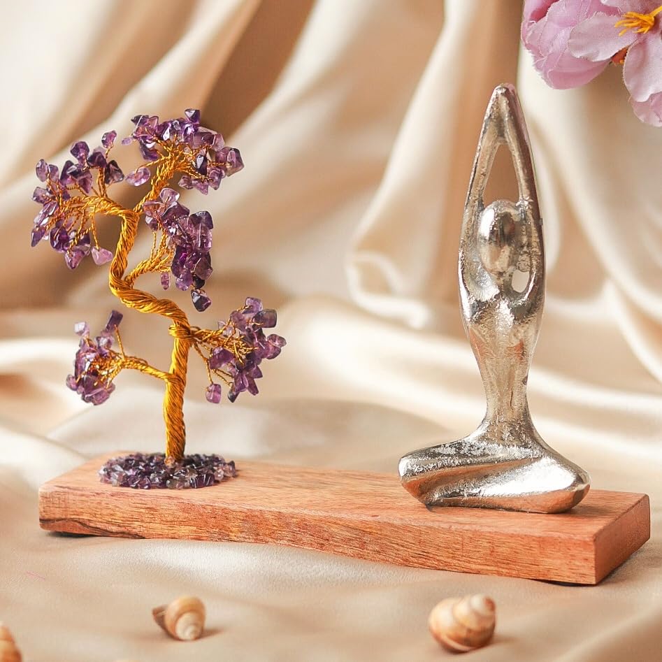 Image 5 of RITUALISTIC Amethyst Crystal Tree Yoga Meditation Figurine on Wooden Base-16×16×6 inch