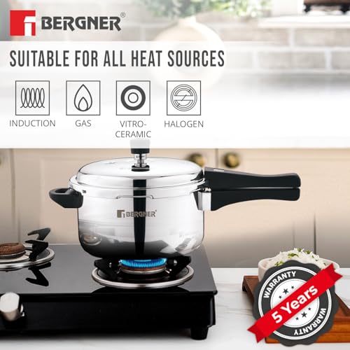 Image 6 of BERGNER Sorrento Stainless Steel Outer Lid Pressure Cooker Combo - 5 Liters Cooker, 2 Litres and 3 Litres Cooker with a Common Lid