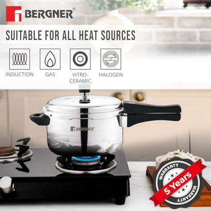 Image 6 of BERGNER Sorrento Stainless Steel Outer Lid Pressure Cooker Combo - 5 Liters Cooker, 2 Litres and 3 Litres Cooker with a Common Lid