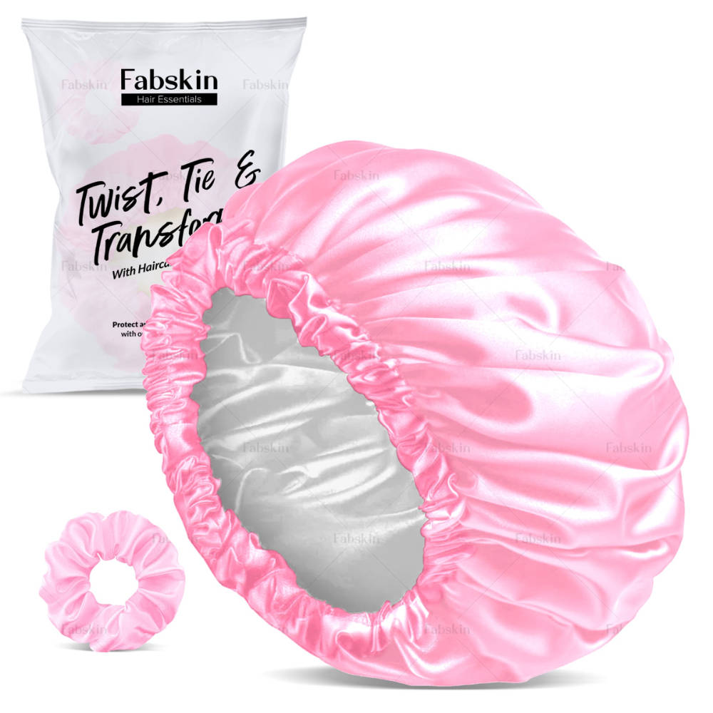 Image 1 of Set Of 2 / Pack of 1 for the product Fabskin Luxury Satin Silk Hair Bonnet Cap For Sleeping With Satin Scrunchie - Pink