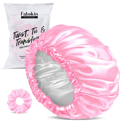 Image 1 of Set Of 2 / Pack of 1 for the product Fabskin Luxury Satin Silk Hair Bonnet Cap For Sleeping With Satin Scrunchie - Pink