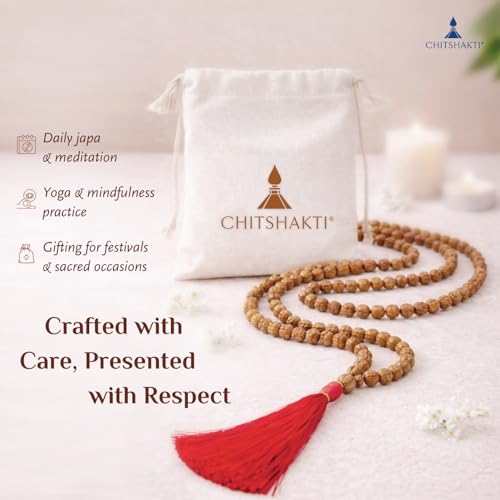 Image 6 of Chitshakti Rudraksha mala 108 +1 Beads Original | Sacred 108 + 1 Rudraksha Meditation Mala | Natural 9 mm Beads with 9 mm Guru Bead | Traditional Hand-Knotted Japa Mala with Red Tassel | Red