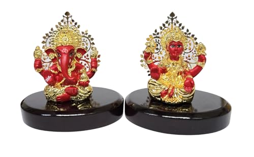 Image 2 of Gold Art India Laxmi Ganesh Gold Plated Red Terracotta Idol Set (3.3" Inch)