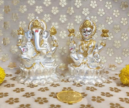 Image 5 of Gold Art India Kamal Laxmi Ganesh Silver Matte Idol for Home Decor with Gold Plated Coin (4.1" Inch)