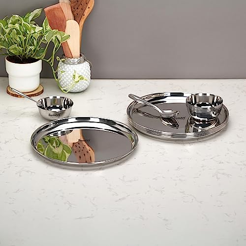 Image 6 of Sumeet Stainless Steel Heavy Gauge Mirror Finish Dinner Solid Set of 15 Pcs (5 Plate, 5 Bowl/Wati, 5 Spoon), Silver