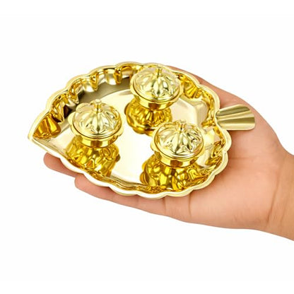 Image 6 of Spillbox Brass Leaf-Shape Puja Thali With 3 Attached Bowls - 3 Leaf Bowl - Small