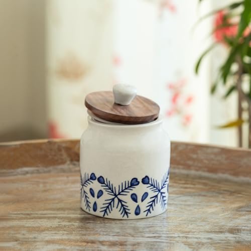 Image 1 of Default Title for the product ExclusiveLane 'Royal Mughal' Multi-Utility Airtight Ceramic Jars For Kitchen Storage With Wooden Lid Ceramic Containers For Pickle Cookies Sugar Dry Fruits (Airtight, 380 ML, Hand-Painted, 13.4 Cm)