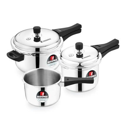Image 1 of Default Title for the product BERGNER Sorrento Stainless Steel Outer Lid Pressure Cooker Combo - 5 Liters Cooker, 2 Litres and 3 Litres Cooker with a Common Lid