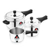 Image 1 of Default Title for the product BERGNER Sorrento Stainless Steel Outer Lid Pressure Cooker Combo - 5 Liters Cooker, 2 Litres and 3 Litres Cooker with a Common Lid