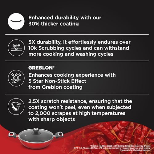 Image 3 of Preethi Dura Collection Non Stick Kadai, 26 cm, with Glass Lid, Gas & Induction Compatible, 5 Star Non Stick Effect, Chilly Red