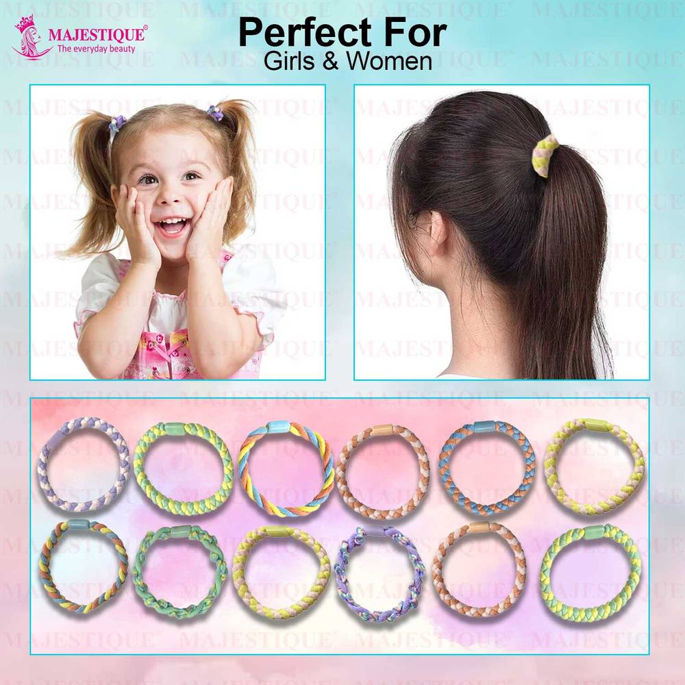 Image 3 of Majestique Braided Stretchable Hair Tie Rubber Bands Ponytail Holder Scrunchies - 12 Pcs