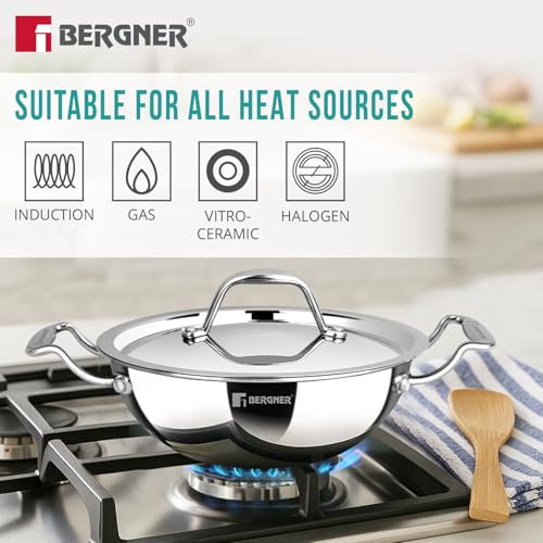 Image 6 of BERGNER Argent Junior Chef Triply Kadai with Stainless Steel Lid, 16cm (1.1 L)