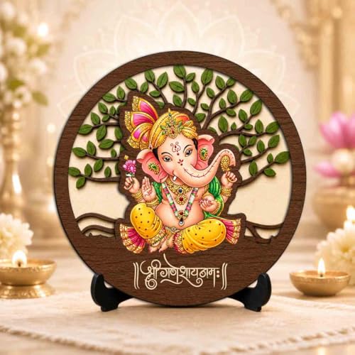 Image 2 of Ganesh Ji Wooden Idol with Stand for Home Temple, Puja Room, Office Desk & Indoor Mandir Decor - 5x5 Inch