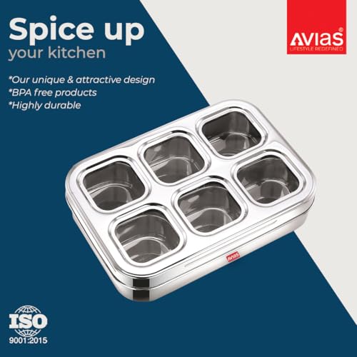 Image 7 of AVIAS 6-in-1 Stainless Steel Masala/Spice Box, See-Through Lid, Design