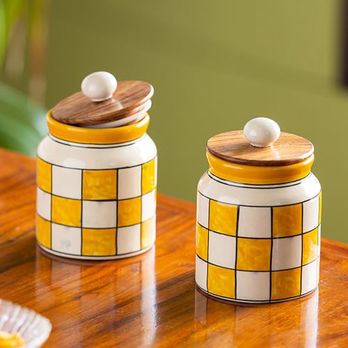 Image 1 of Default Title for the product ExclusiveLane Shatranj Check Airtight Ceramic Jars for Kitchen Storage Set of 2 410 ml