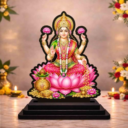 Image 1 of Default Title for the product Lakshmi MATA Lotus Wooden MDF Printed Idol with Stand, 4 x 5 Inch, Pooja Room Decor, Home Temple Mandir Decoration, Religious Gift